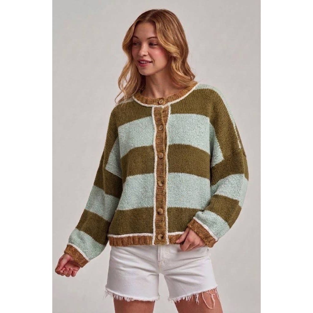 BON - WIDE STRIPE EVERYDAY COZY FALL SWEATER CARDIGAN_JLT00445-01: BLUE/BROWN / S-M-L(2-2-2)
