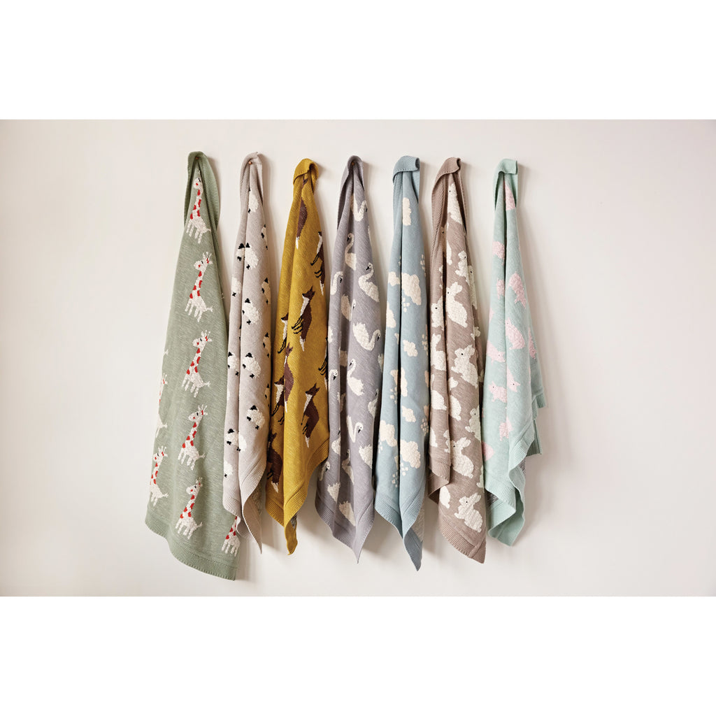 Grey Cotton Knit Blanket w/ Sheep