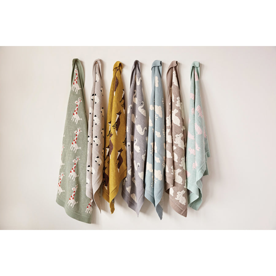 Grey Cotton Knit Blanket w/ Sheep