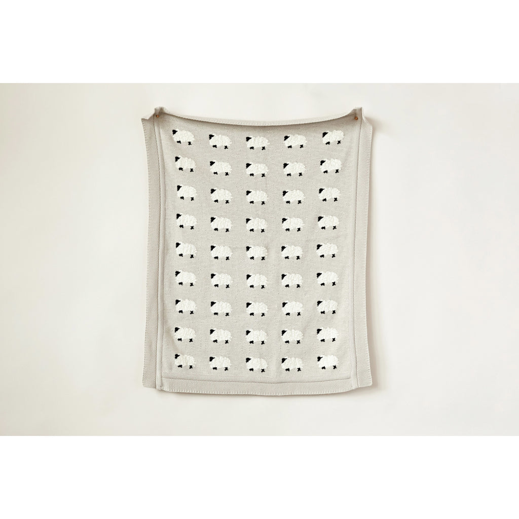 Grey Cotton Knit Blanket w/ Sheep
