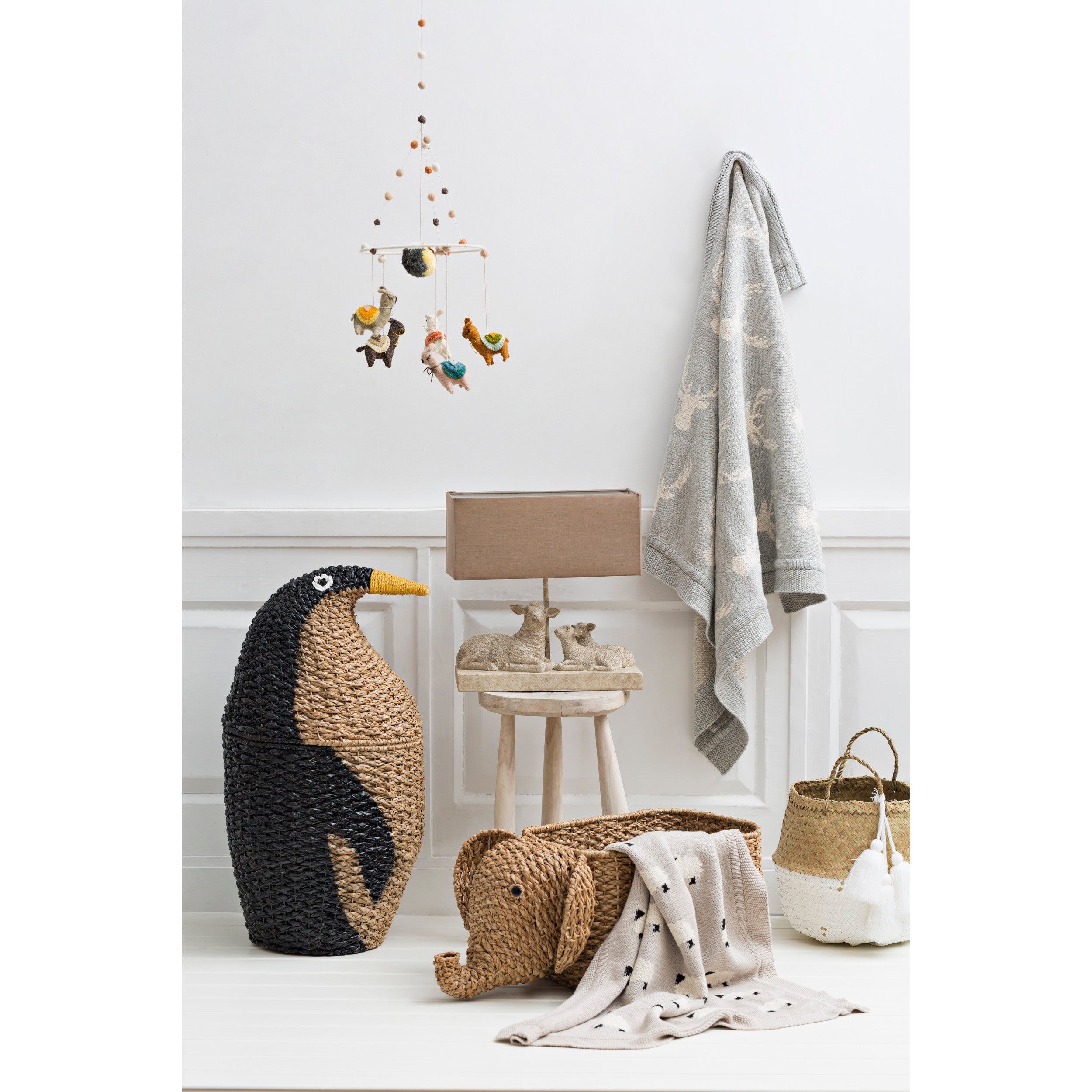 Grey Cotton Knit Blanket w/ Sheep
