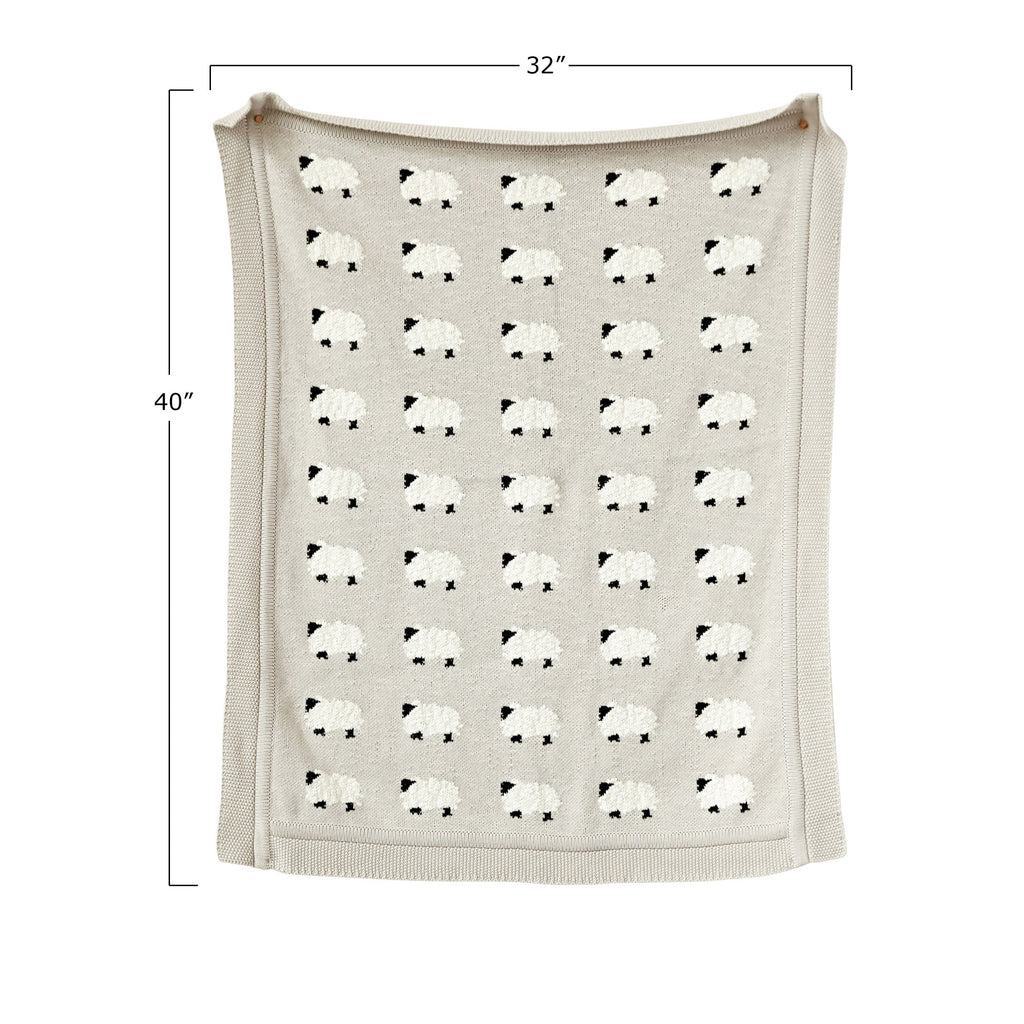 Grey Cotton Knit Blanket w/ Sheep