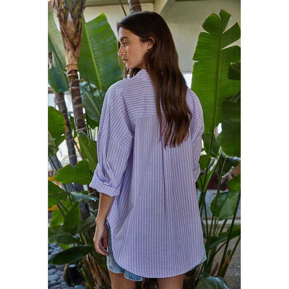 By Together - L8287 | Woven Cotton Polyester Striped Buttondown Shirt: Denim Blue / M