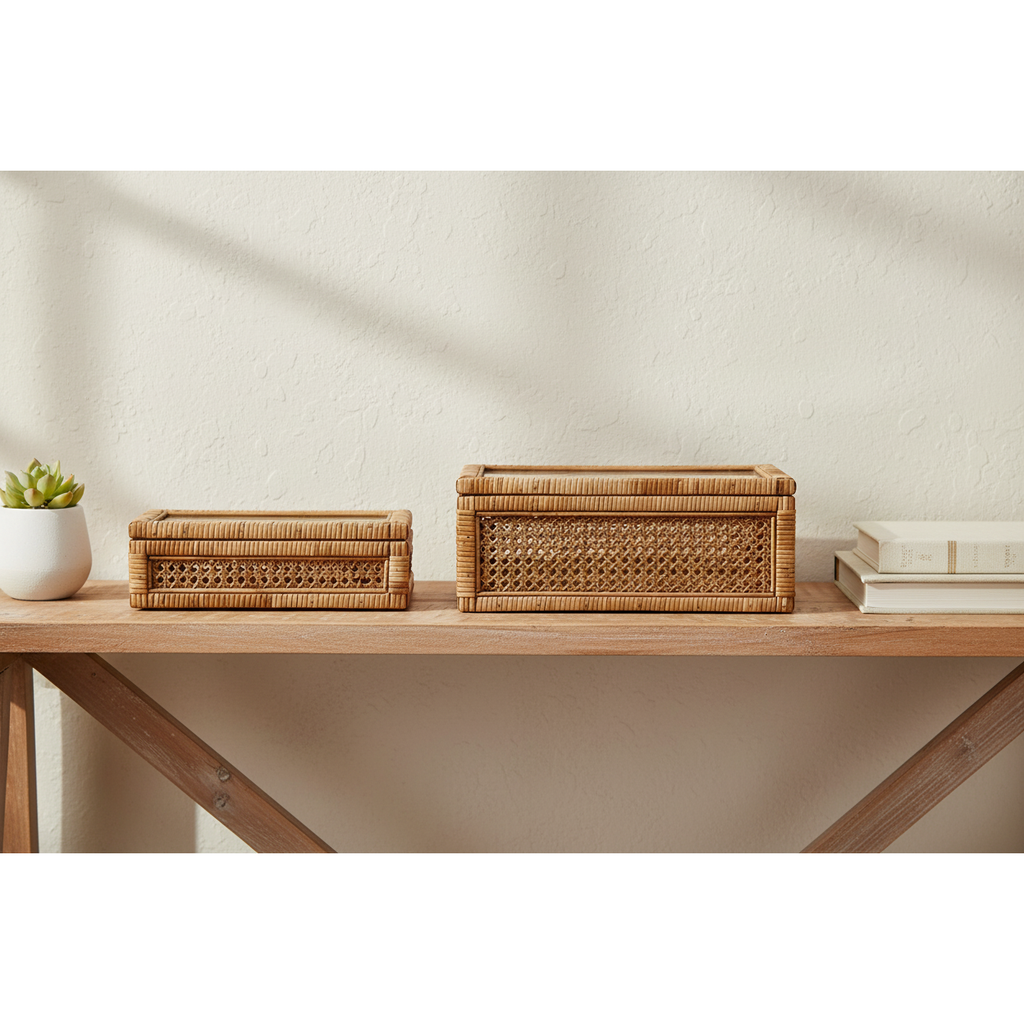 Woven Rattan & Wood Display Box w/Glass Lid