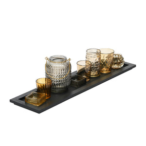 S/9 Embossed Glass Votive Holders w/Black Finish Wood Tray