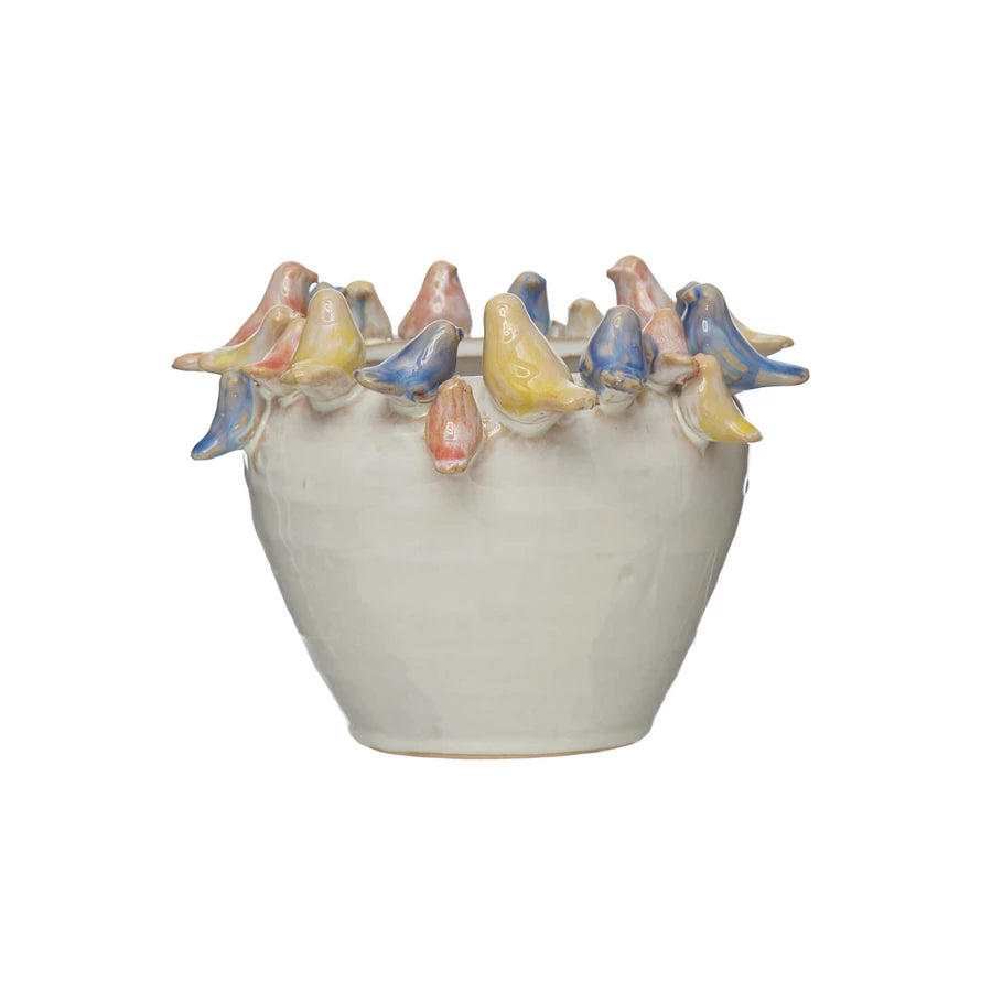 Stoneware Planter w/3D Birds on Rim