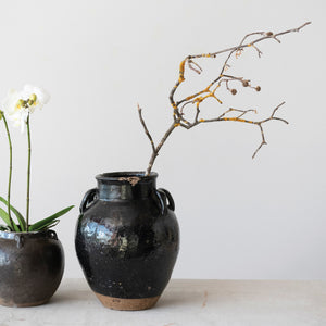 Found Distressed Black Clay Jar