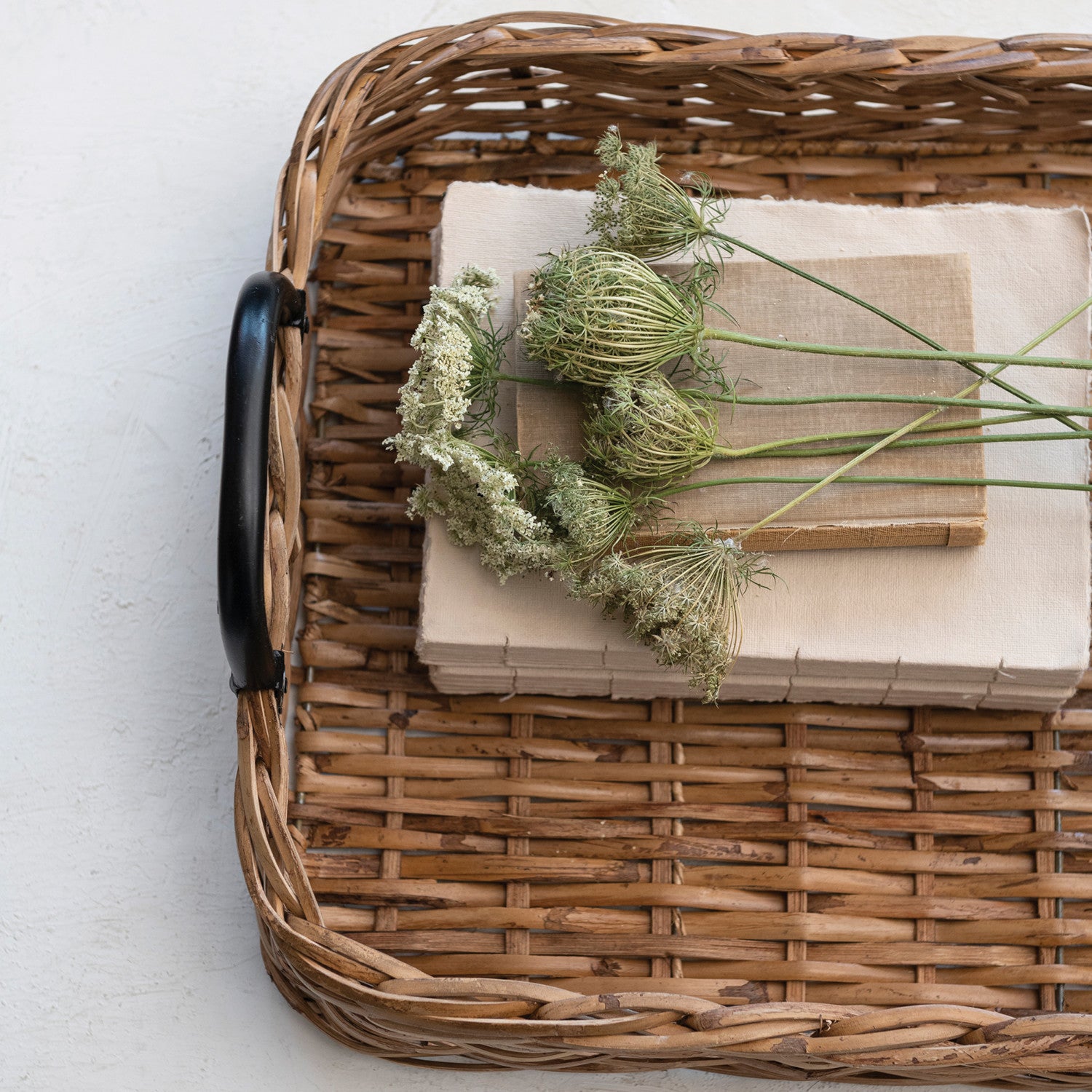 Natural & Black Hand-Woven Rattan Tray w/Metal Handles