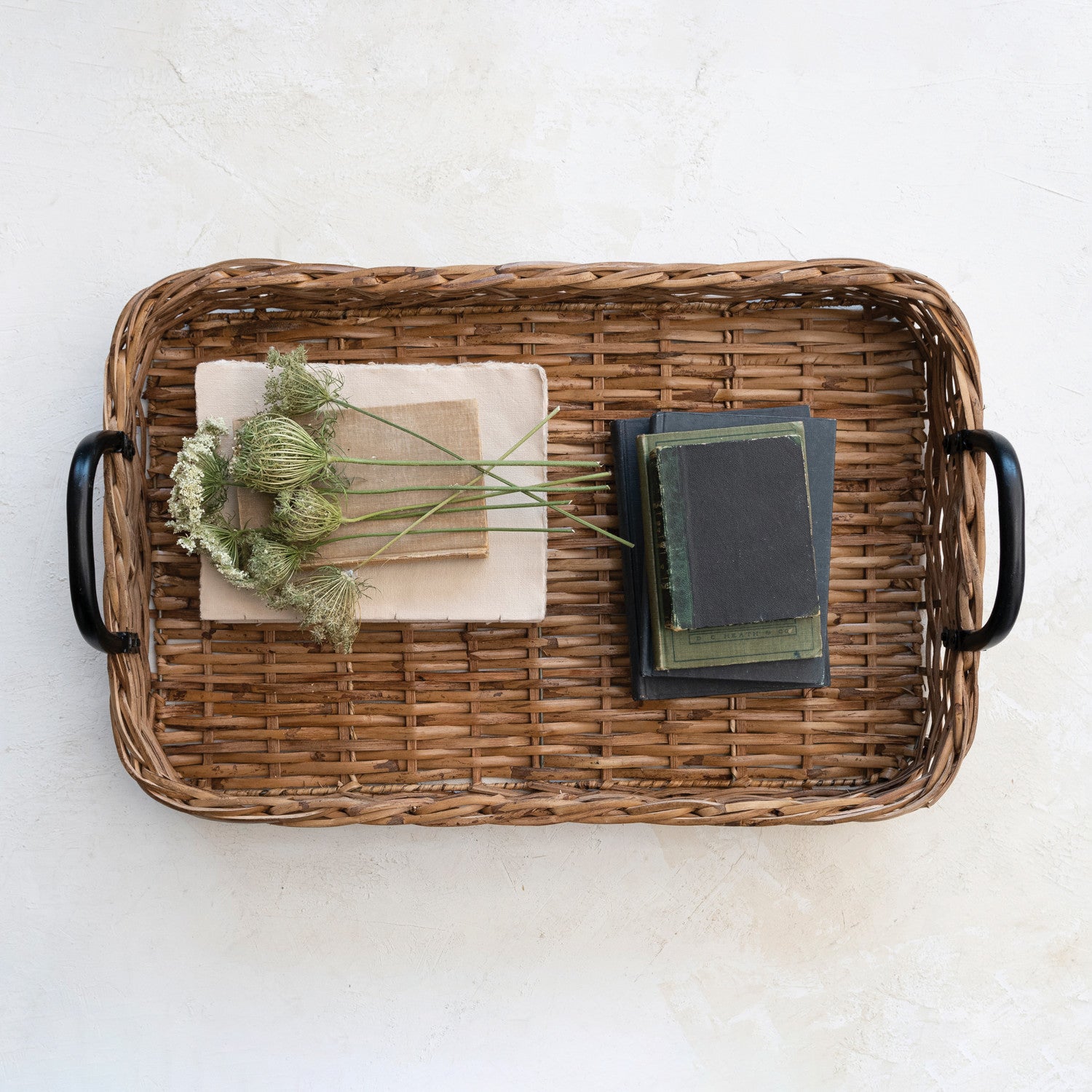 Natural & Black Hand-Woven Rattan Tray w/Metal Handles