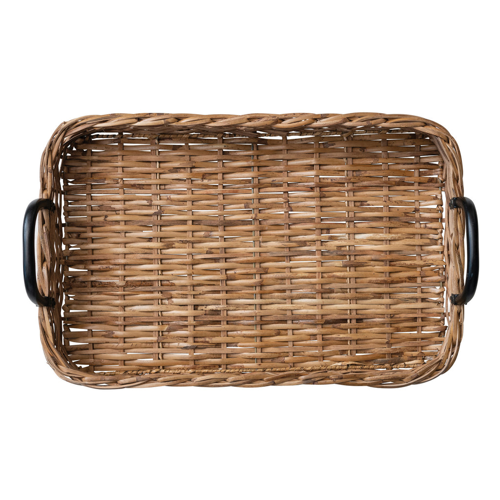 Natural & Black Hand-Woven Rattan Tray w/Metal Handles