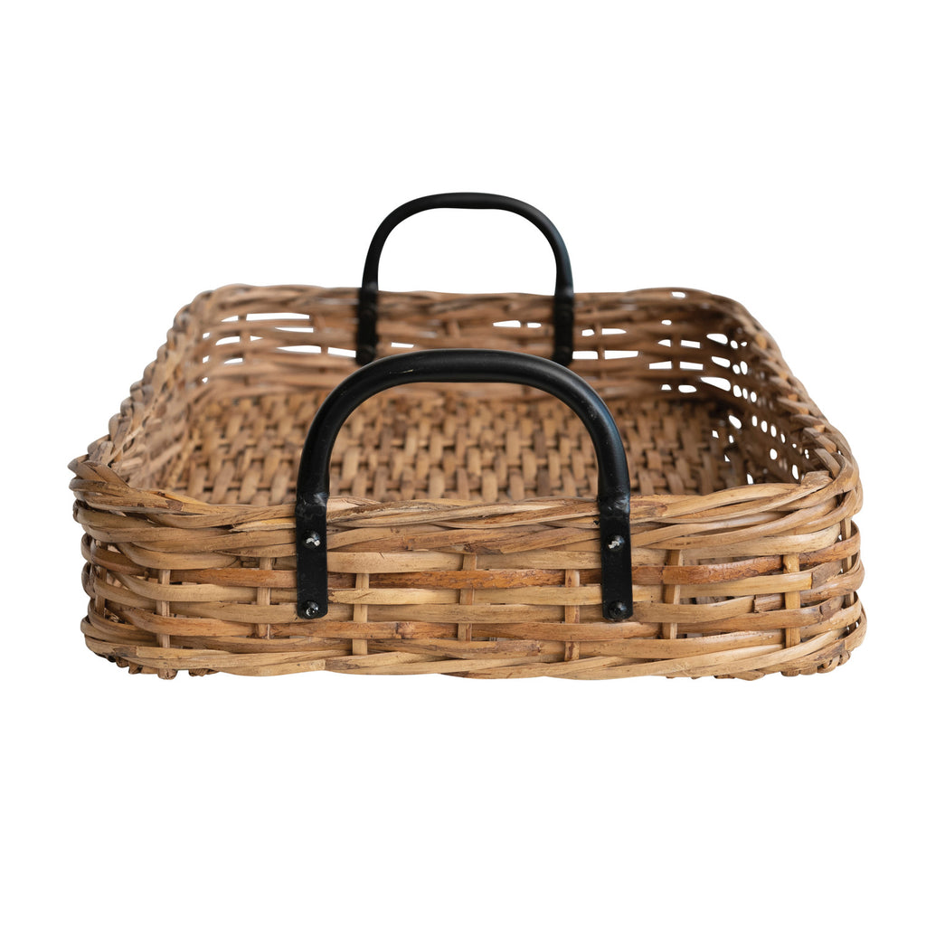 Natural & Black Hand-Woven Rattan Tray w/Metal Handles