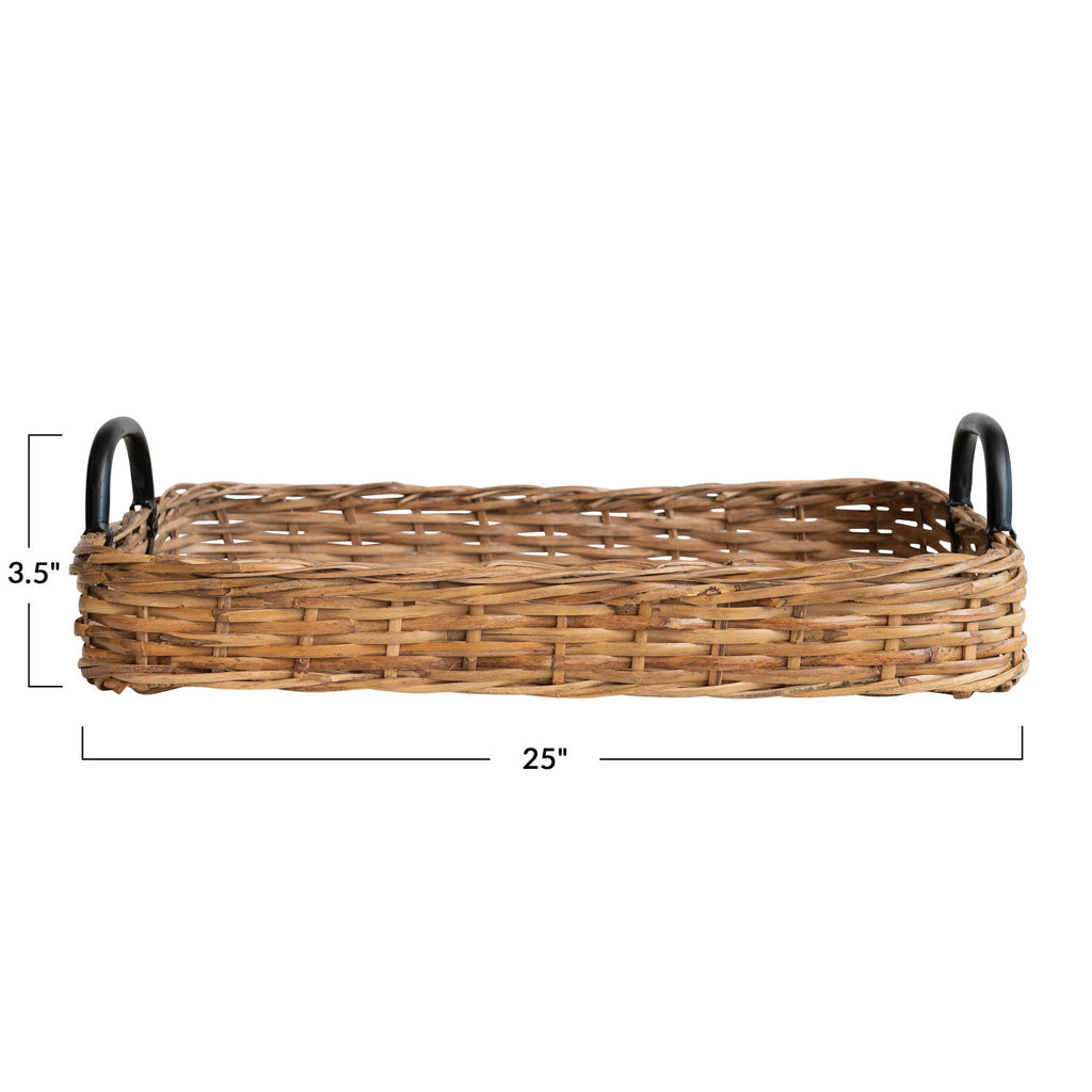 Natural & Black Hand-Woven Rattan Tray w/Metal Handles