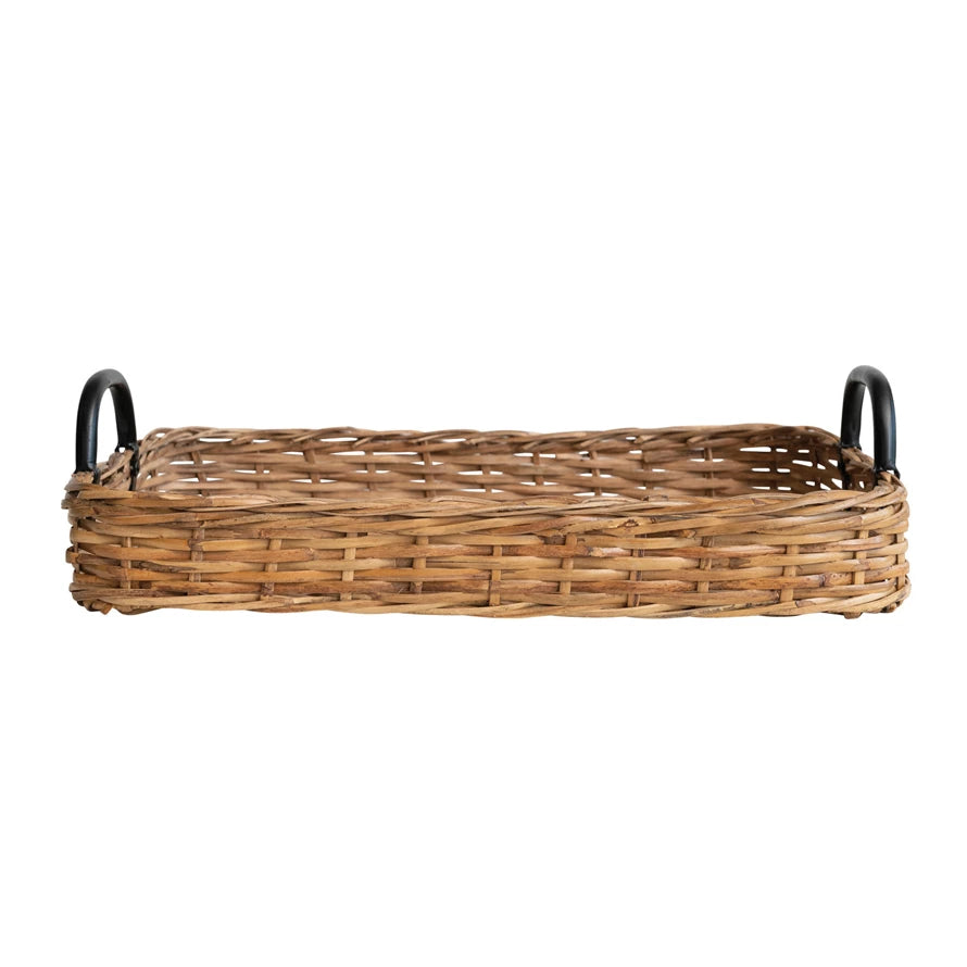 Natural & Black Hand-Woven Rattan Tray w/Metal Handles