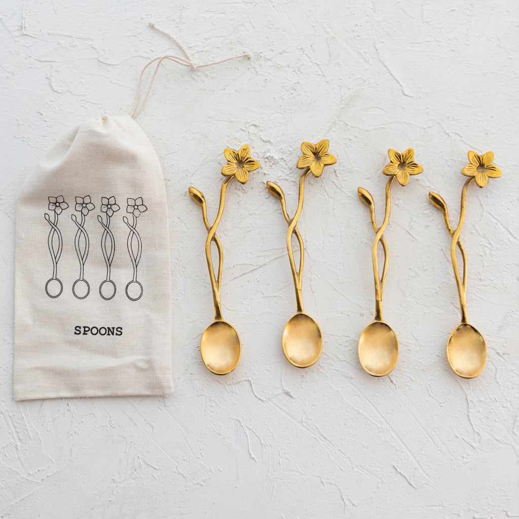 S/4 Spoons w/Flower Handles | Brass Finish
