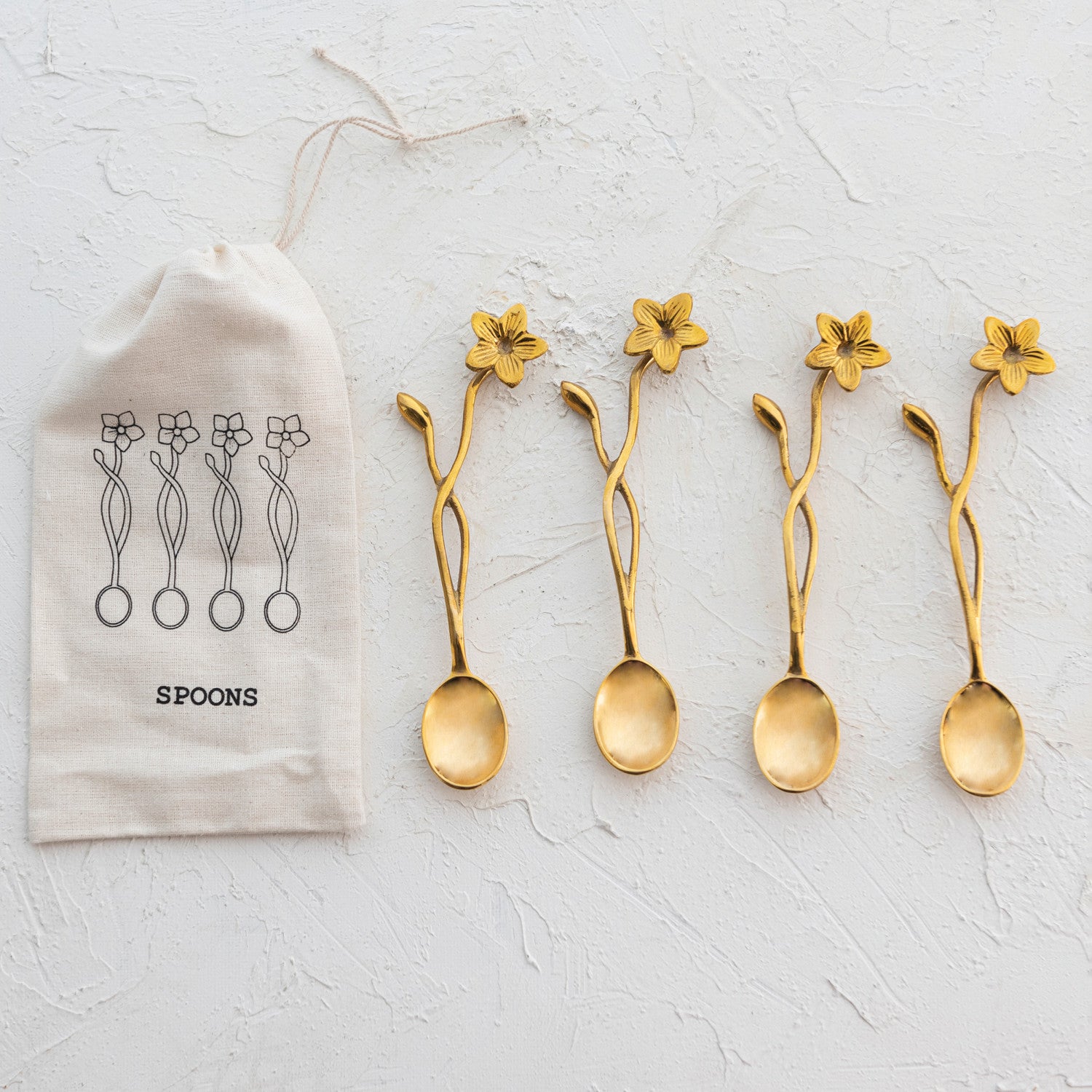 S/4 Spoons w/Flower Handles | Brass Finish