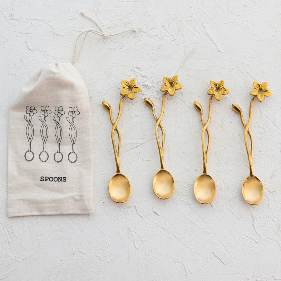S/4 Spoons w/Flower Handles | Brass Finish