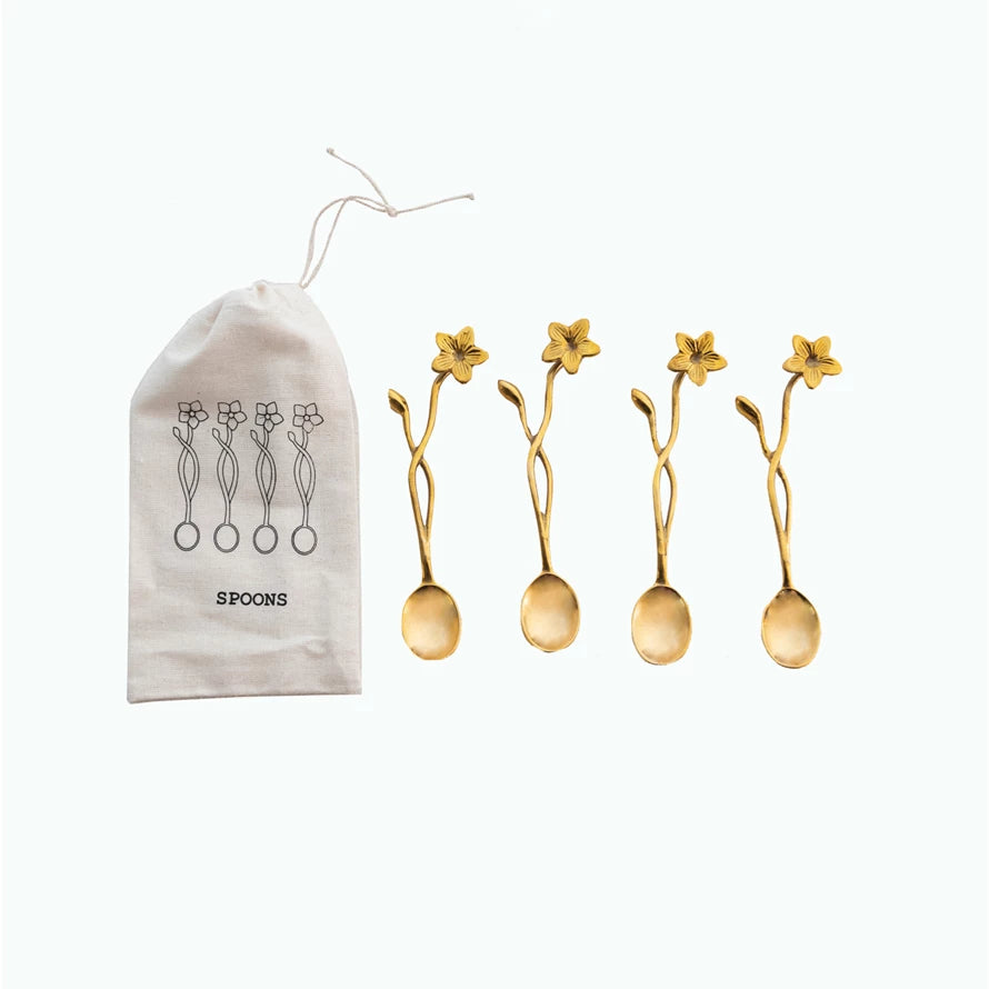 S/4 Spoons w/Flower Handles | Brass Finish