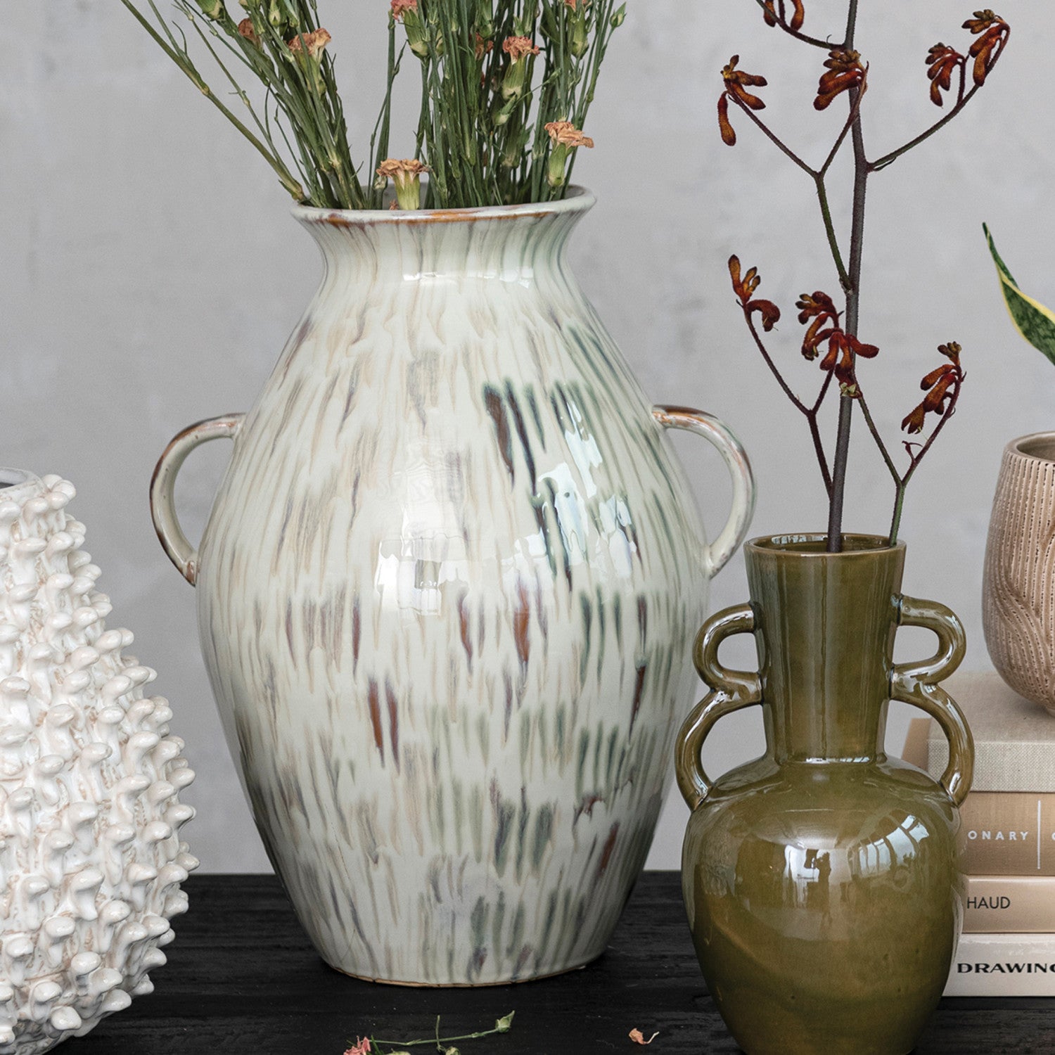 Hand-Painted Stoneware Urn w/Handles | Earthtones