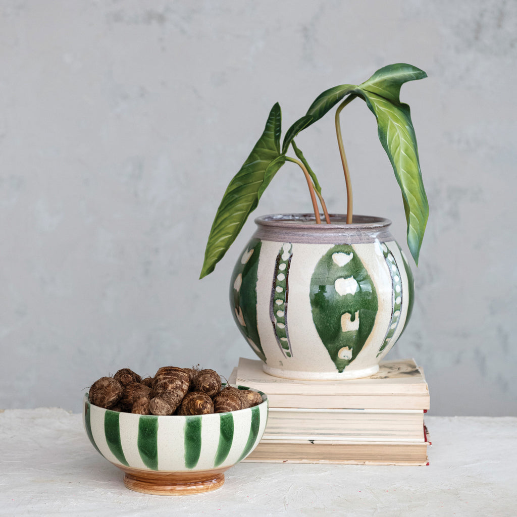 Hand-Painted Stoneware Footed Bowl w/Stripes