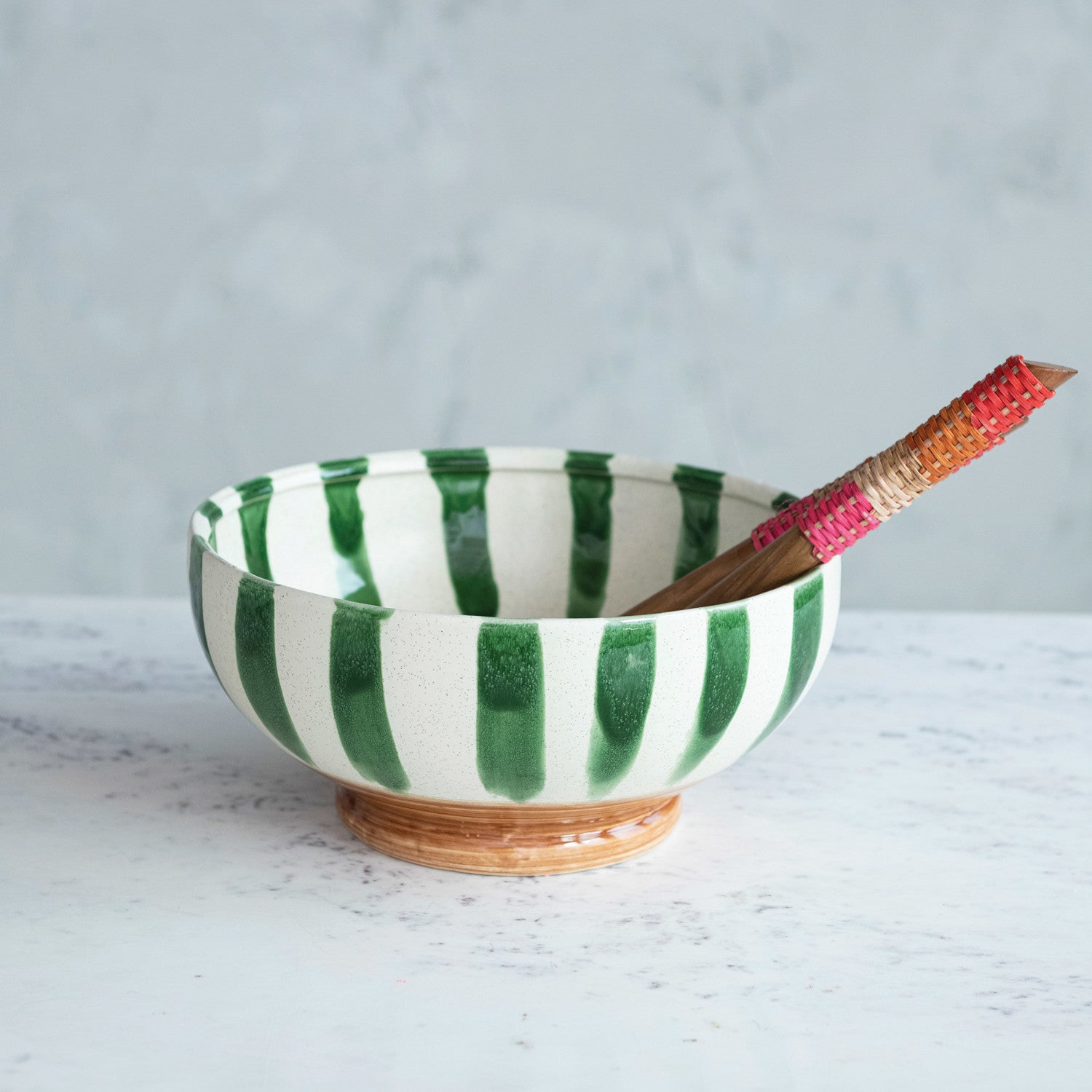Hand-Painted Stoneware Footed Bowl w/Stripes