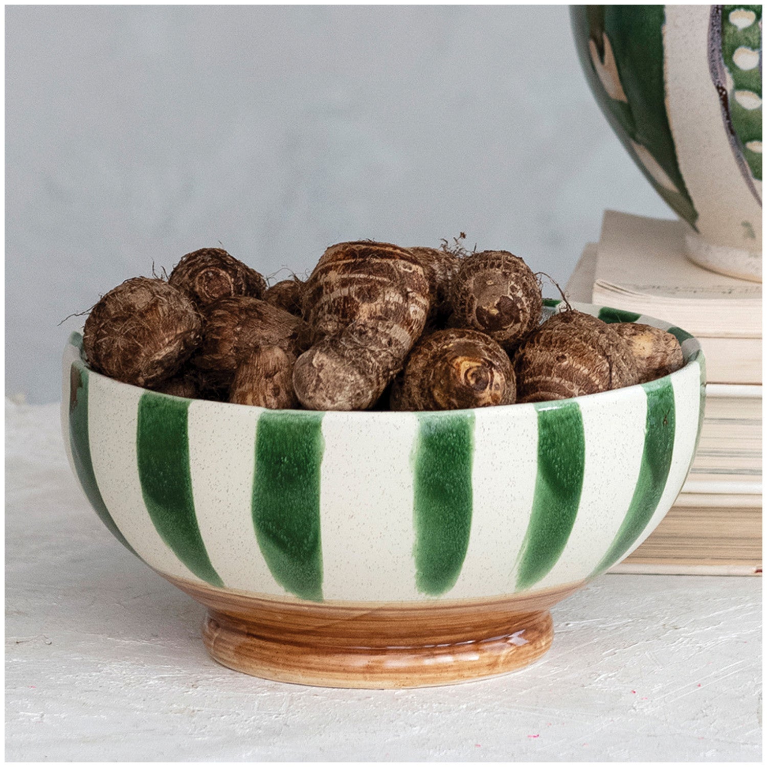 Hand-Painted Stoneware Footed Bowl w/Stripes