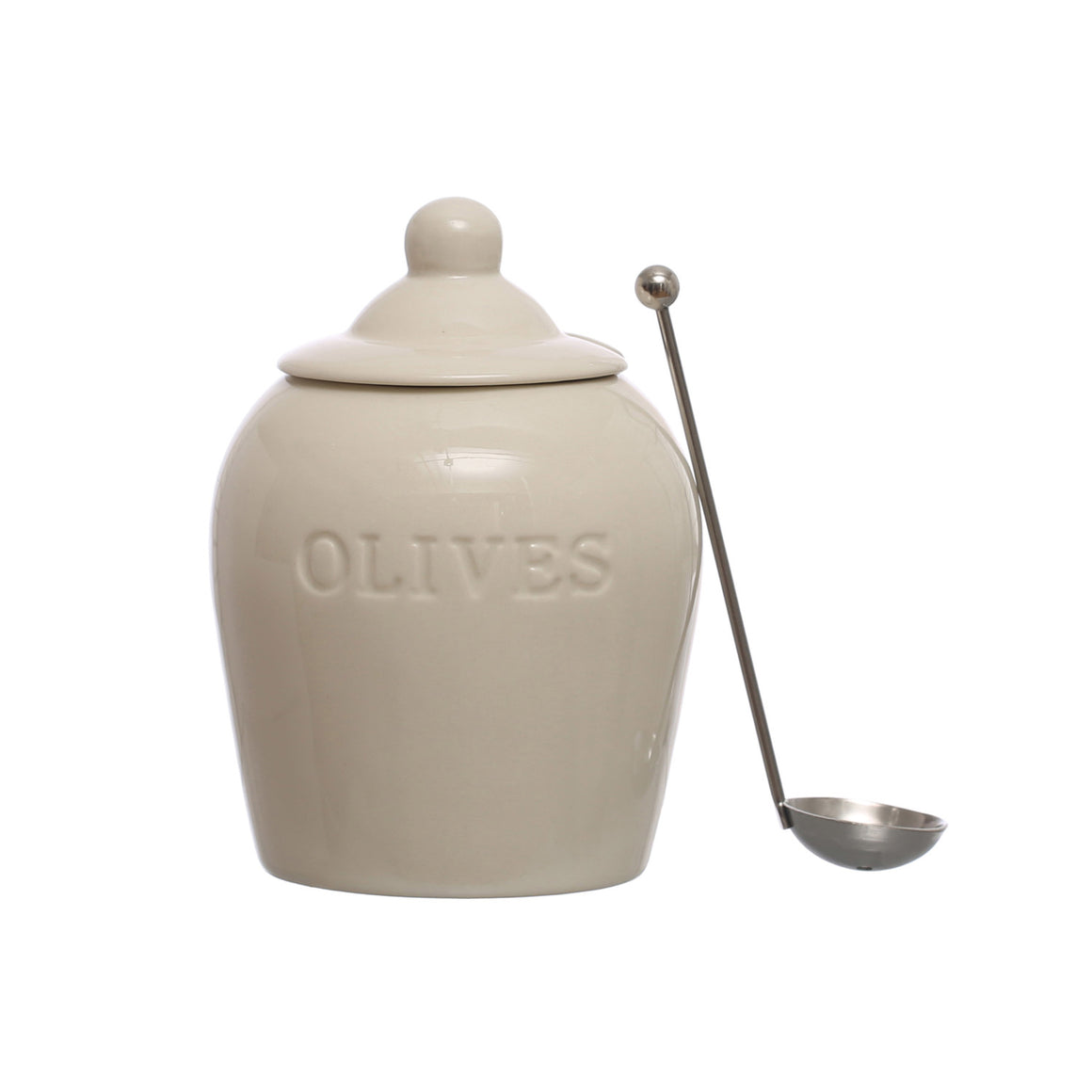 "Olives" Debased Stoneware Jar w/Spoon