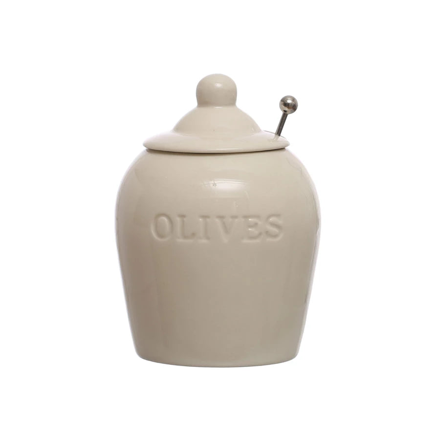 "Olives" Debased Stoneware Jar w/Spoon