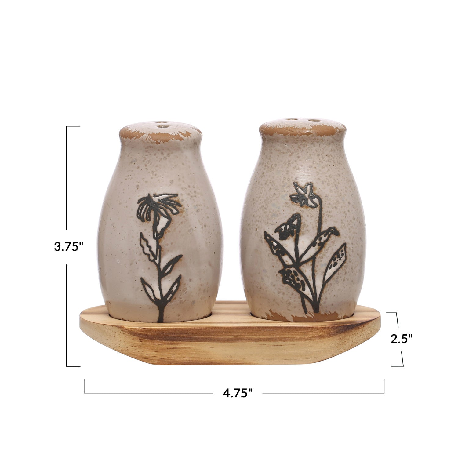 Stoneware Salt & Pepper Shakers w/Flowers in Wood Tray