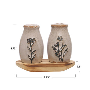 Stoneware Salt & Pepper Shakers w/Flowers in Wood Tray