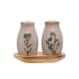 Stoneware Salt & Pepper Shakers w/Flowers in Wood Tray