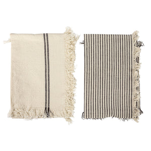 S/2 Natural & Black Woven Cotton Tea Towels w/Stripes