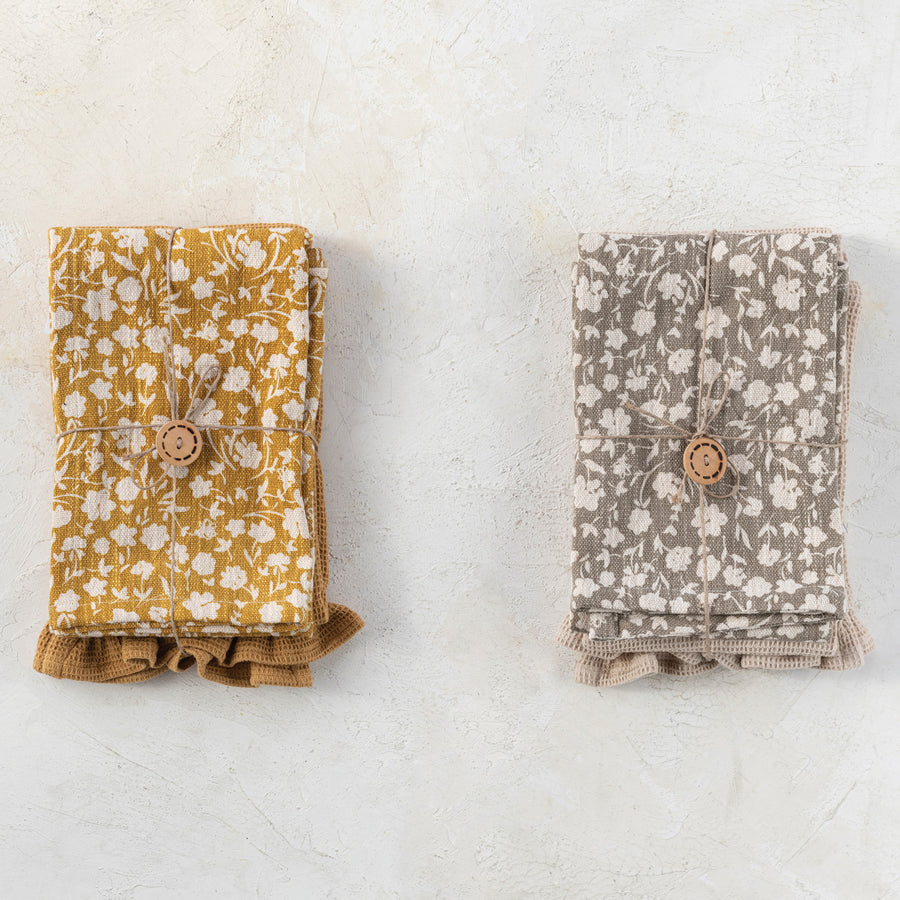 S/2 Printed Waffle Tea Towels w/Ruffle & Loops