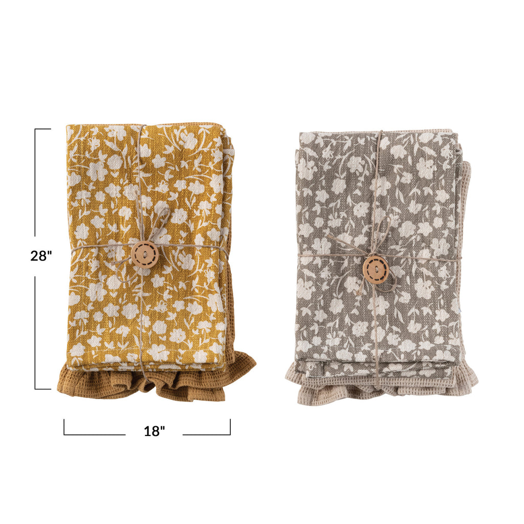 S/2 Printed Waffle Tea Towels w/Ruffle & Loops