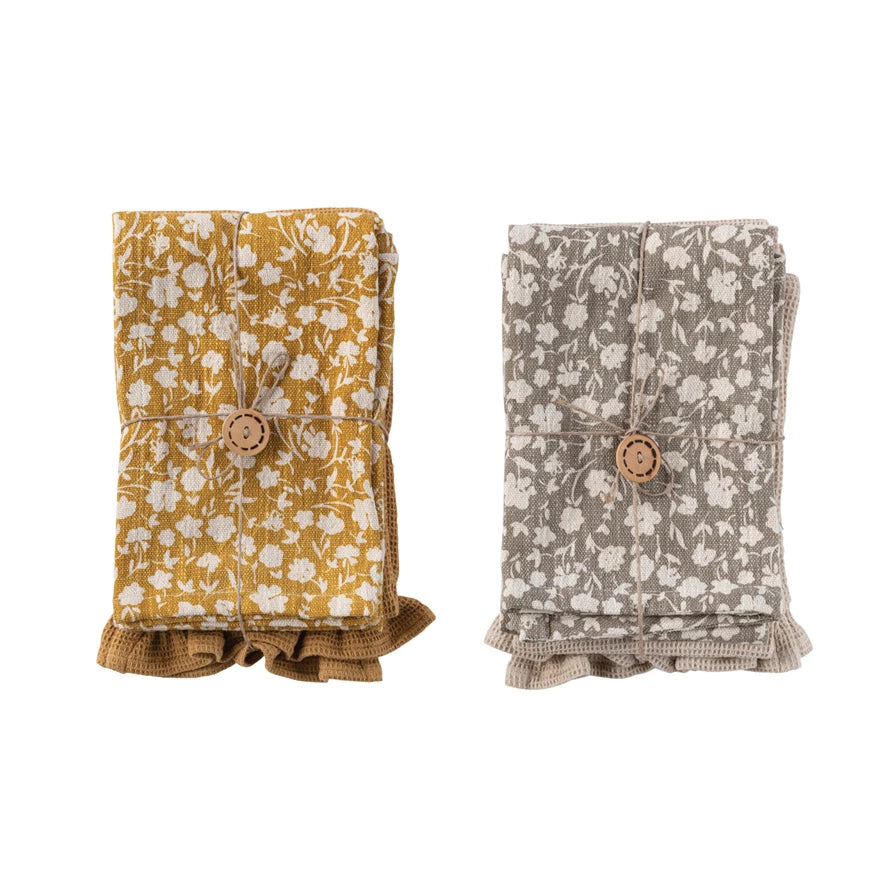 S/2 Printed Waffle Tea Towels w/Ruffle & Loops