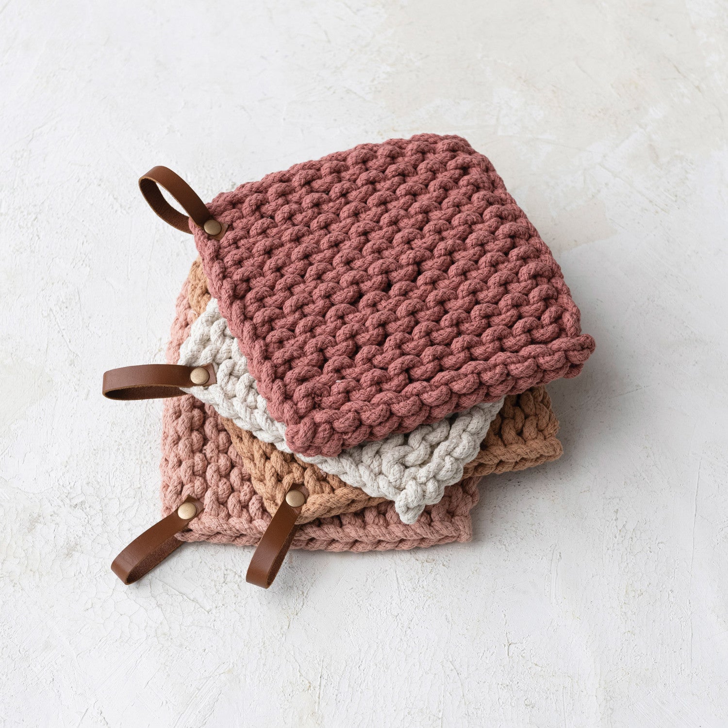 Cotton Crocheted Pot Holder w/Leather Loop
