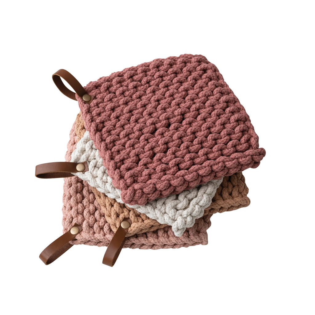 Cotton Crocheted Pot Holder w/Leather Loop