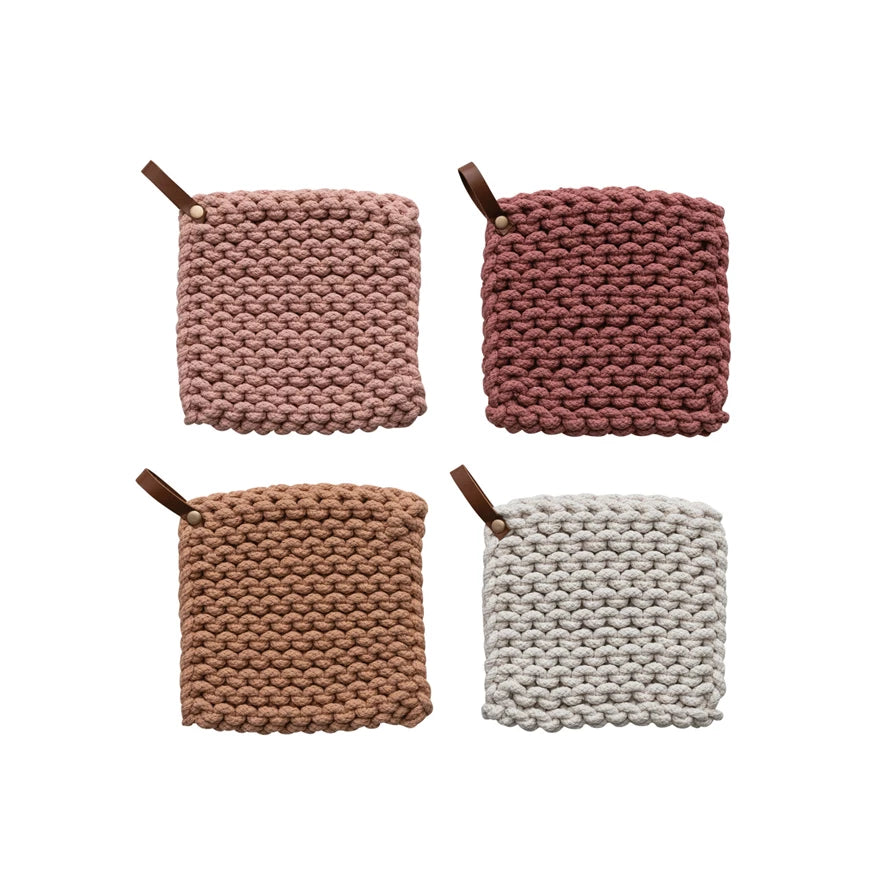 Cotton Crocheted Pot Holder w/Leather Loop