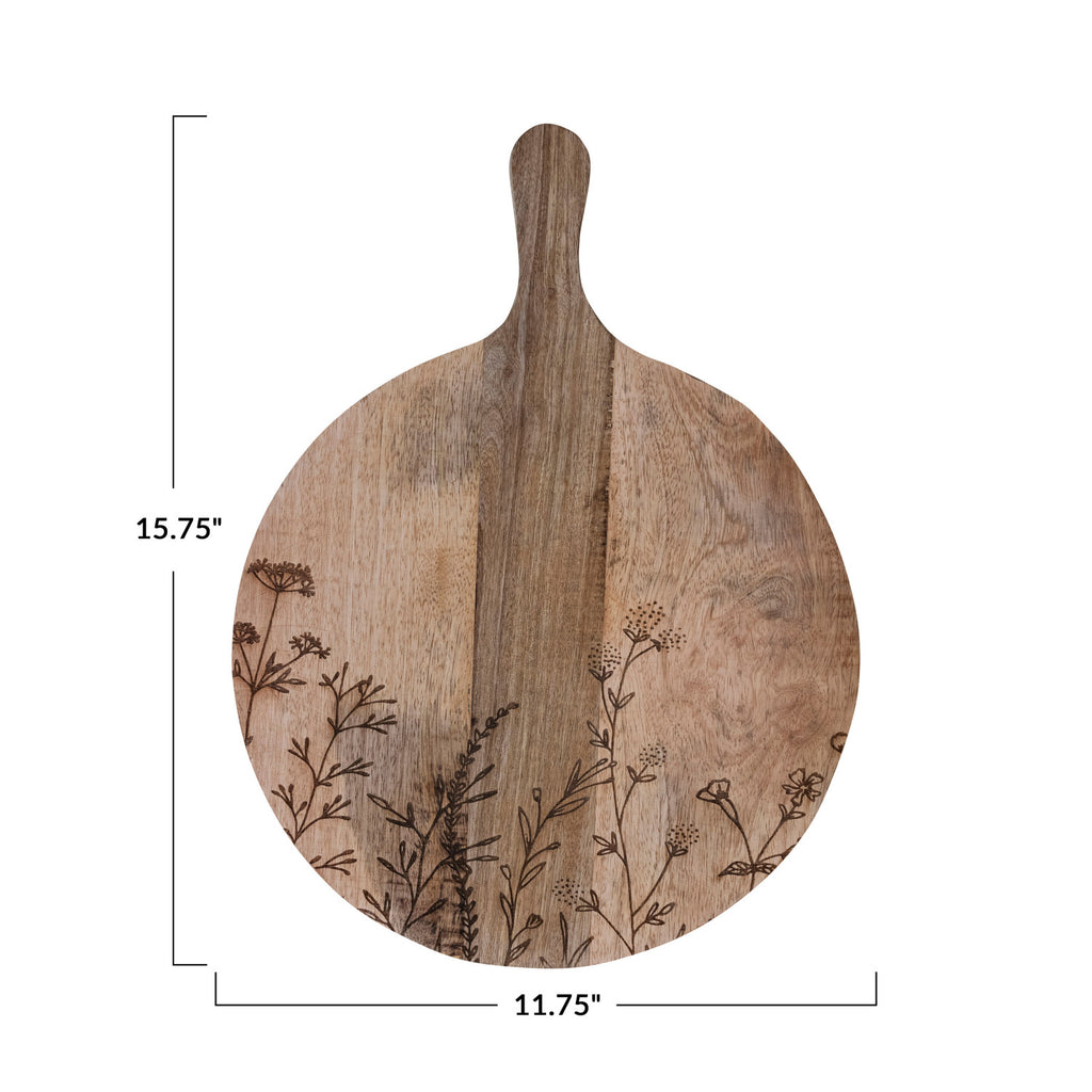 Wood Cheese/Cutting Board w/Botanicals & Handle