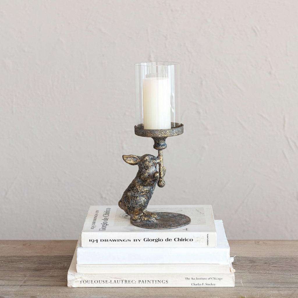 Metal Rabbit Candle Holder w/Glass Hurricane