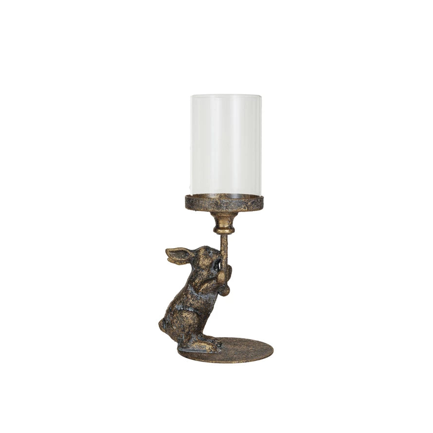 Metal Rabbit Candle Holder w/Glass Hurricane