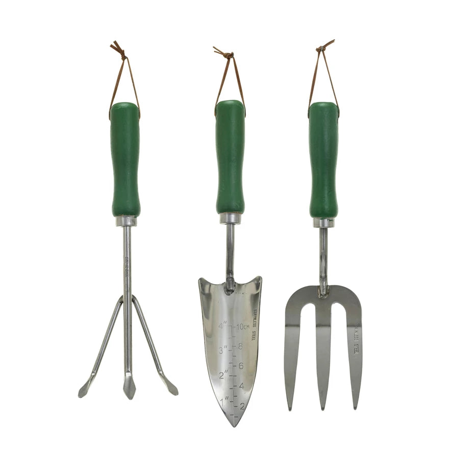 S/S Garden Tool w/Green Wood Handle & Leather Tie