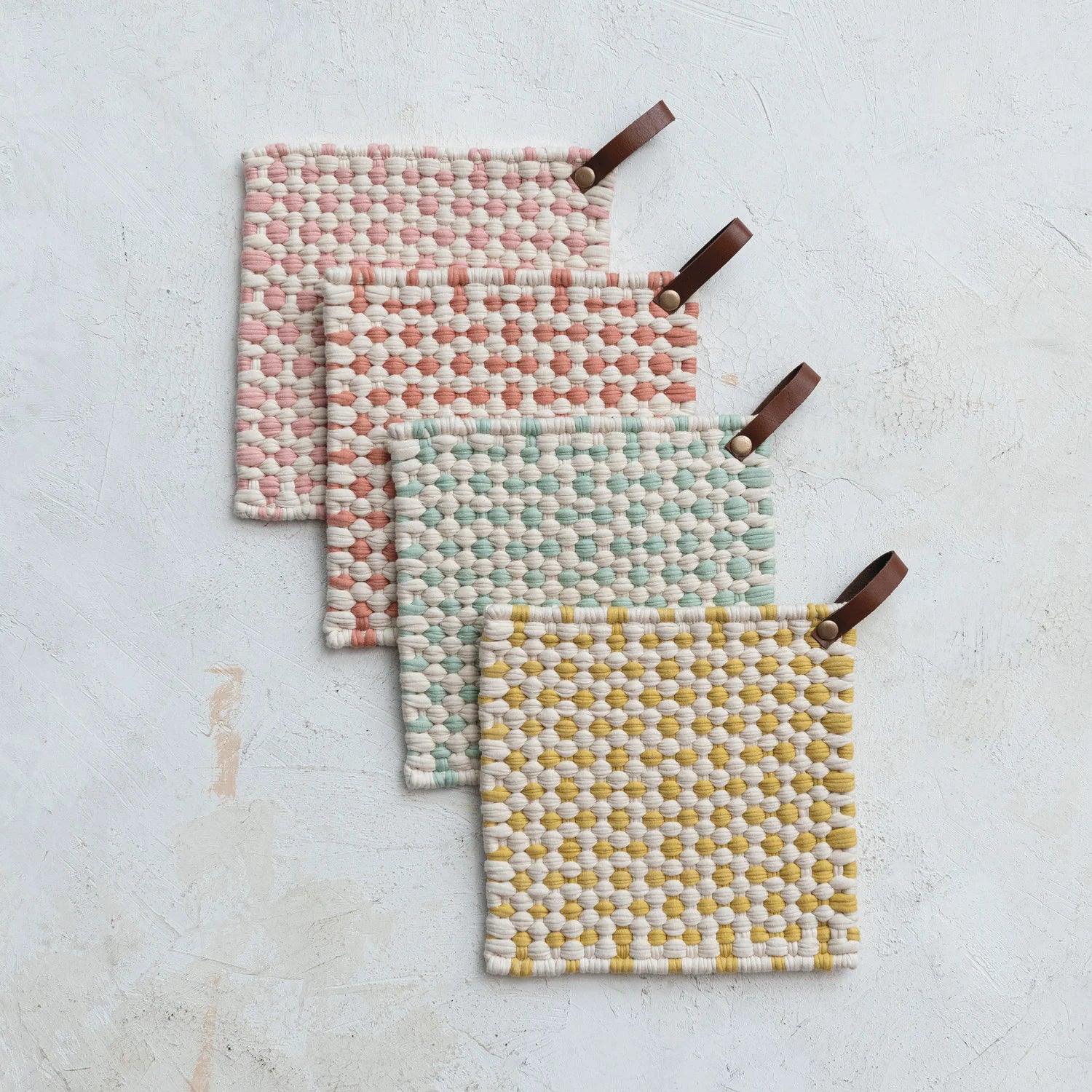 Cotton Crocheted Pot Holder w/Leather Loop