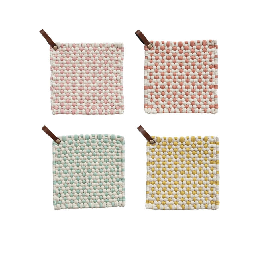 Cotton Crocheted Pot Holder w/Leather Loop