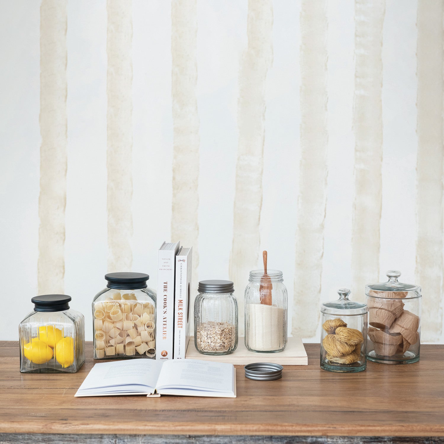 Pressed Glass Jar w/Black Stainless Steel Lid
