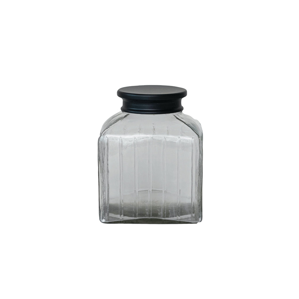 Pressed Glass Jar w/Black Stainless Steel Lid
