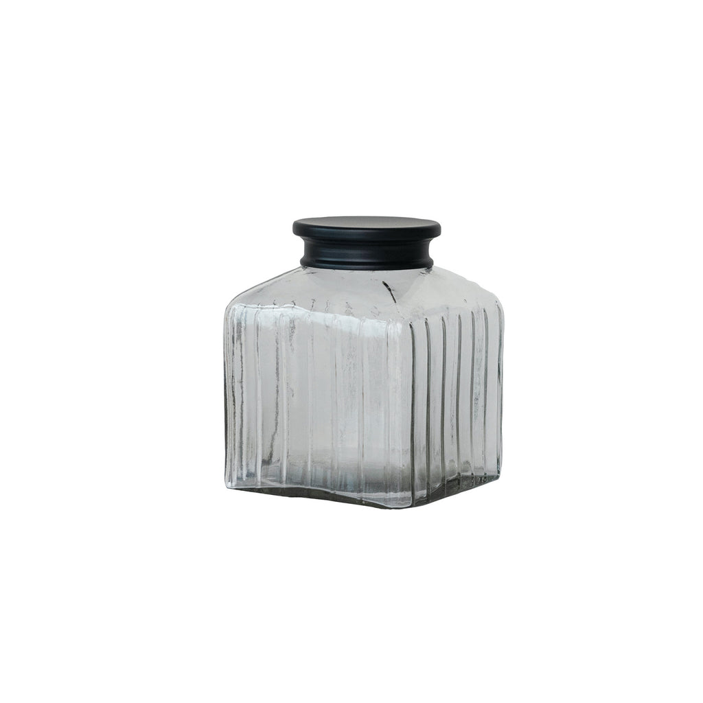 Pressed Glass Jar w/Black Stainless Steel Lid