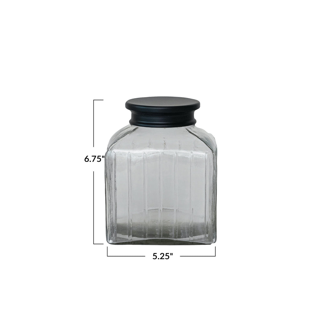 Pressed Glass Jar w/Black Stainless Steel Lid