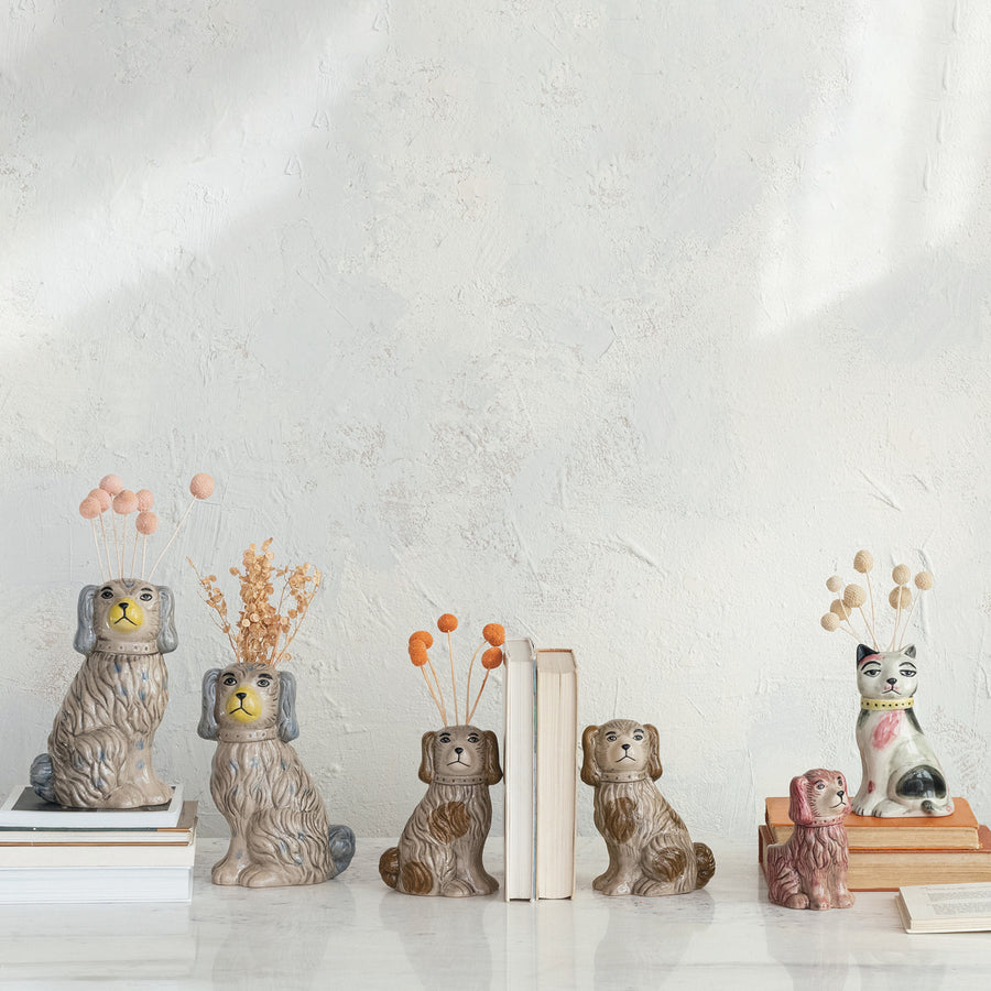 Hand-Painted Stoneware  Dog Vase
