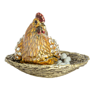 Enameled Metal Hen On Nest Trinket Box