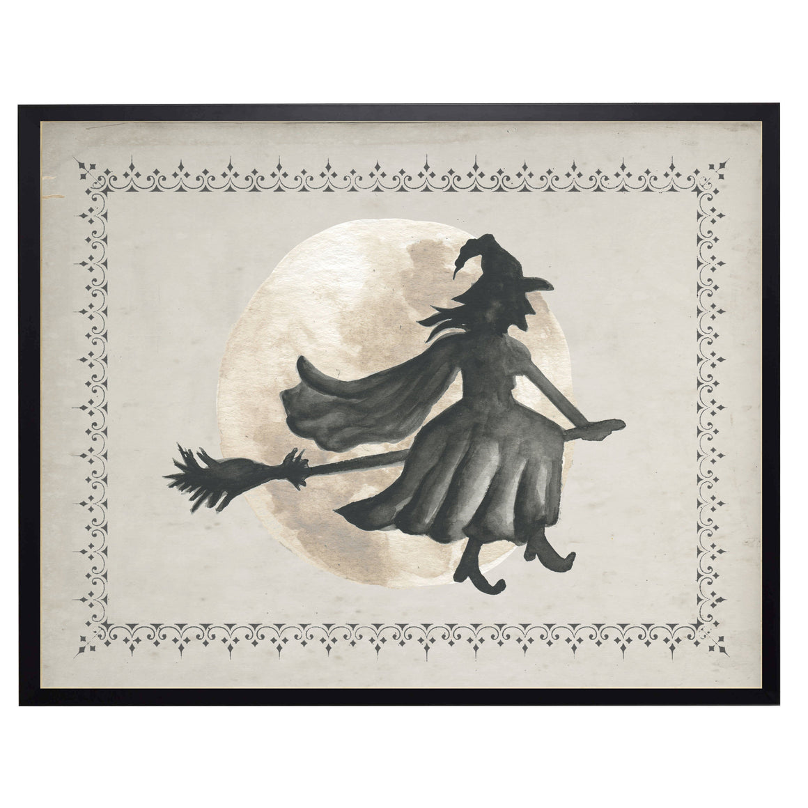 Watercolor Witch Flying Across the Moon